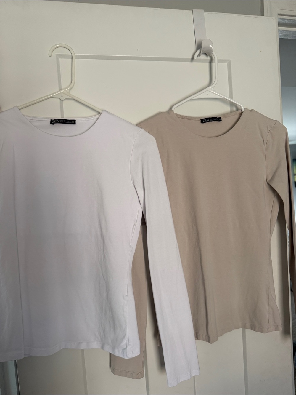 Zara Long-Sleeve Crewneck Tops in White and Beige
